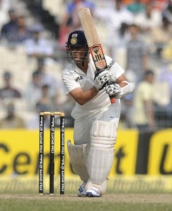 Sachin Tedulkar batting against the West Indies today. He was out LBW - unluckily, it transpired - for 10 runs.